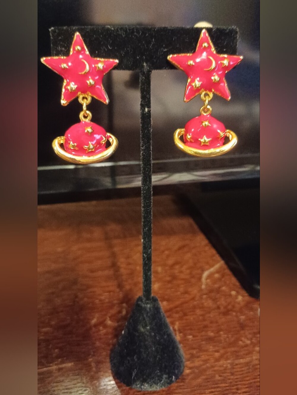 Vintage Red & Gold Celestial Star & Planet Clip On  Drop Earrings